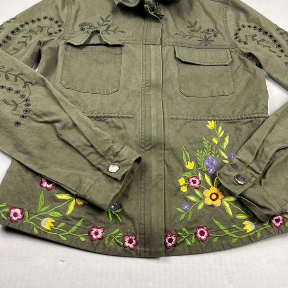Boston Proper Zip Jacket Military Floral Embroidered Utility Green Festival XS - Picture 2 of 10
